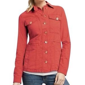 CAbi Taylor Utility Jacket Medium Ruffle Back "Vintage Lobster" Red Orange Coral